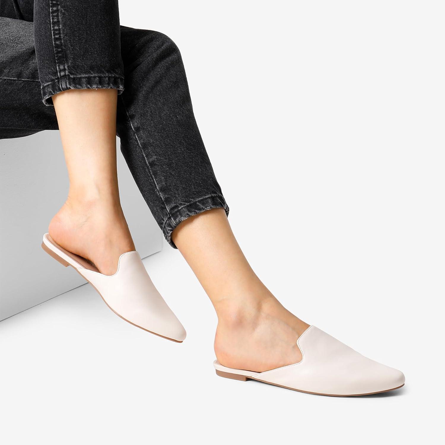 imageDREAM PAIRS Womens Flat Mules Pointed Toe Backless Loafer ShoesWhitePu