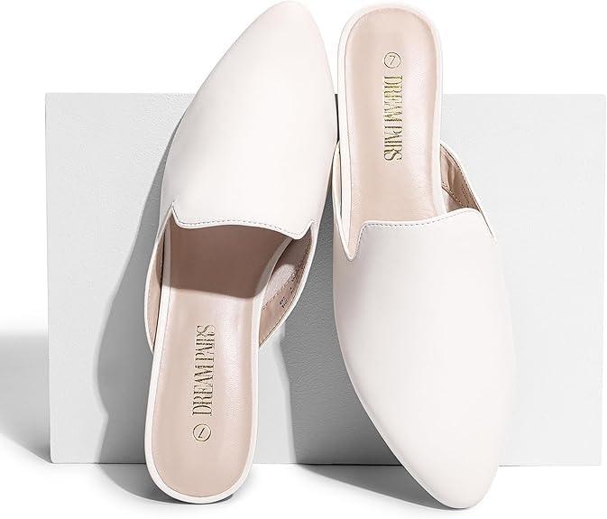 imageDREAM PAIRS Womens Flat Mules Pointed Toe Backless Loafer ShoesWhitePu