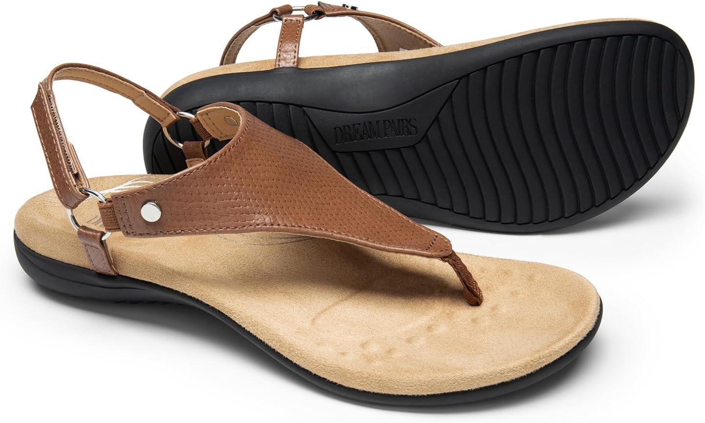 imageDREAM PAIRS Womens Flat Sandals Arch Support Orthopedic Comfortable Soft Cushion Summer TStrap Walking Thong SandalsBrown