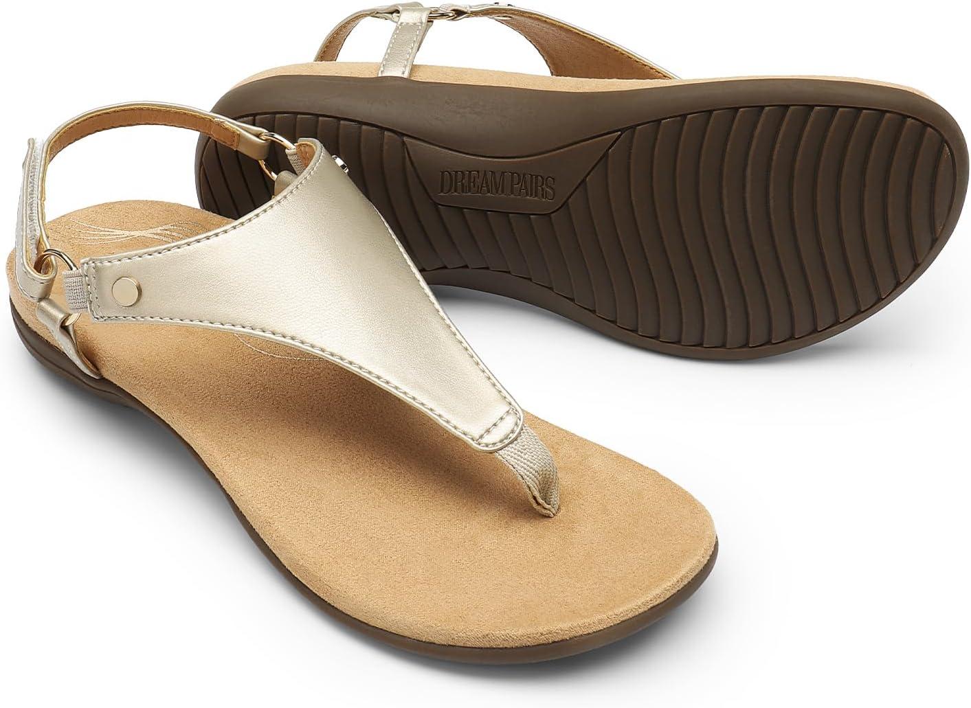 imageDREAM PAIRS Womens Flat Sandals Arch Support Orthopedic Comfortable Soft Cushion Summer TStrap Walking Thong SandalsGoldpu