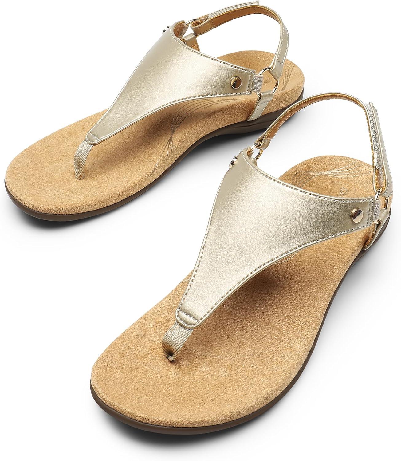 imageDREAM PAIRS Womens Flat Sandals Arch Support Orthopedic Comfortable Soft Cushion Summer TStrap Walking Thong SandalsGoldpu
