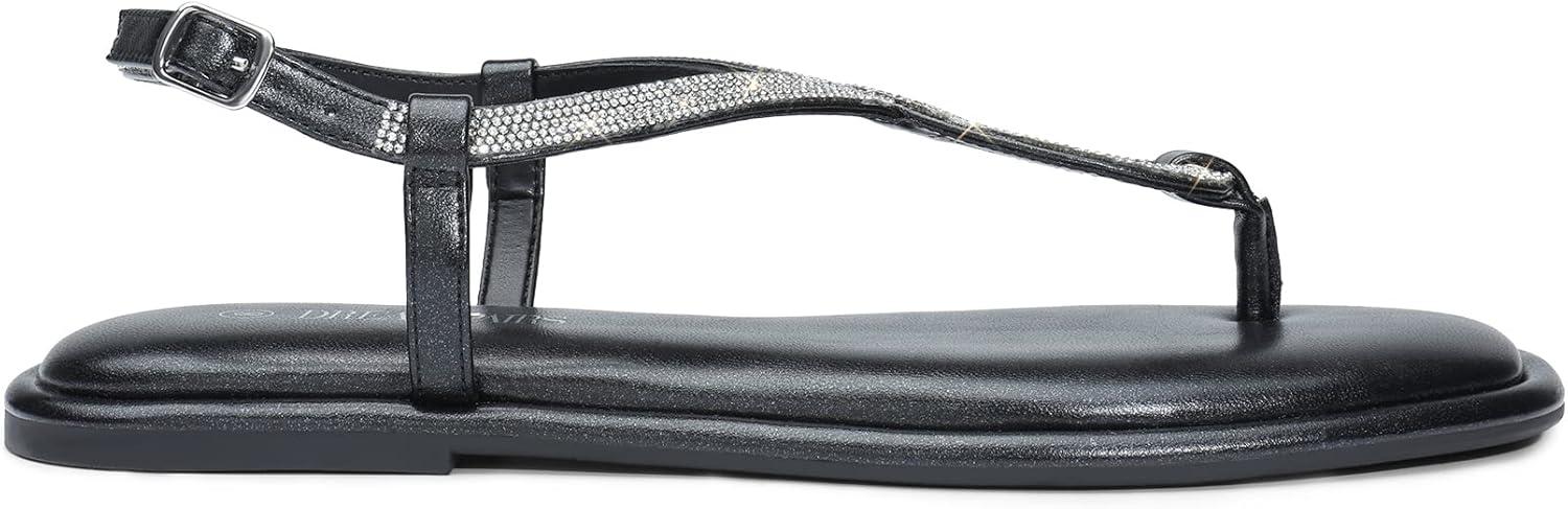 imageDREAM PAIRS Womens Flat Sandals Dressy Rhinestone Thong Ankle Strap Summer Gladiator SandalsBlack