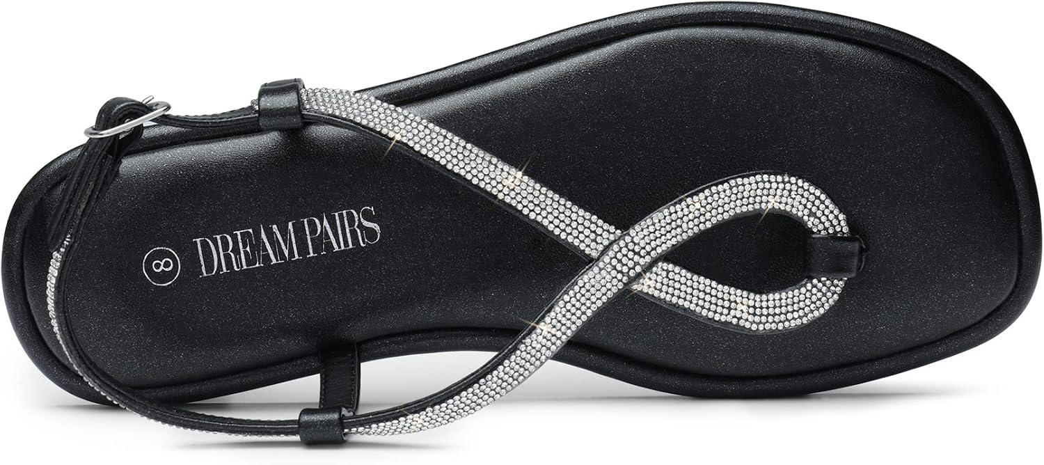 imageDREAM PAIRS Womens Flat Sandals Dressy Rhinestone Thong Ankle Strap Summer Gladiator SandalsBlack