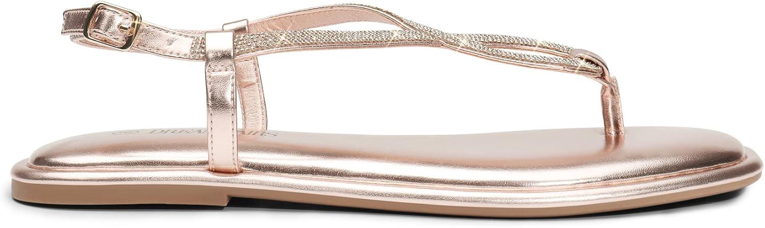 imageDREAM PAIRS Womens Flat Sandals Dressy Rhinestone Thong Ankle Strap Summer Gladiator SandalsChampagne