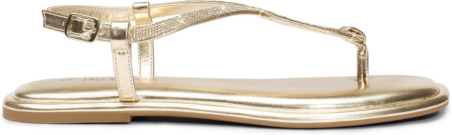 imageDREAM PAIRS Womens Flat Sandals Dressy Rhinestone Thong Ankle Strap Summer Gladiator SandalsGold