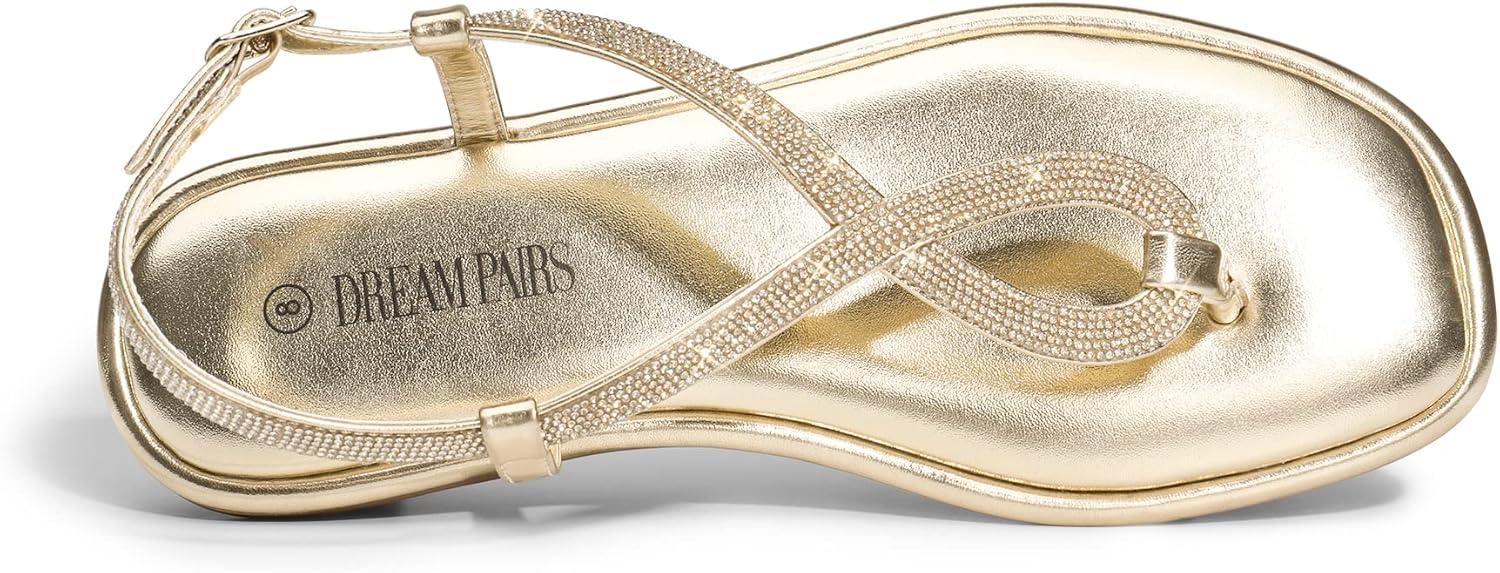 imageDREAM PAIRS Womens Flat Sandals Dressy Rhinestone Thong Ankle Strap Summer Gladiator SandalsGold