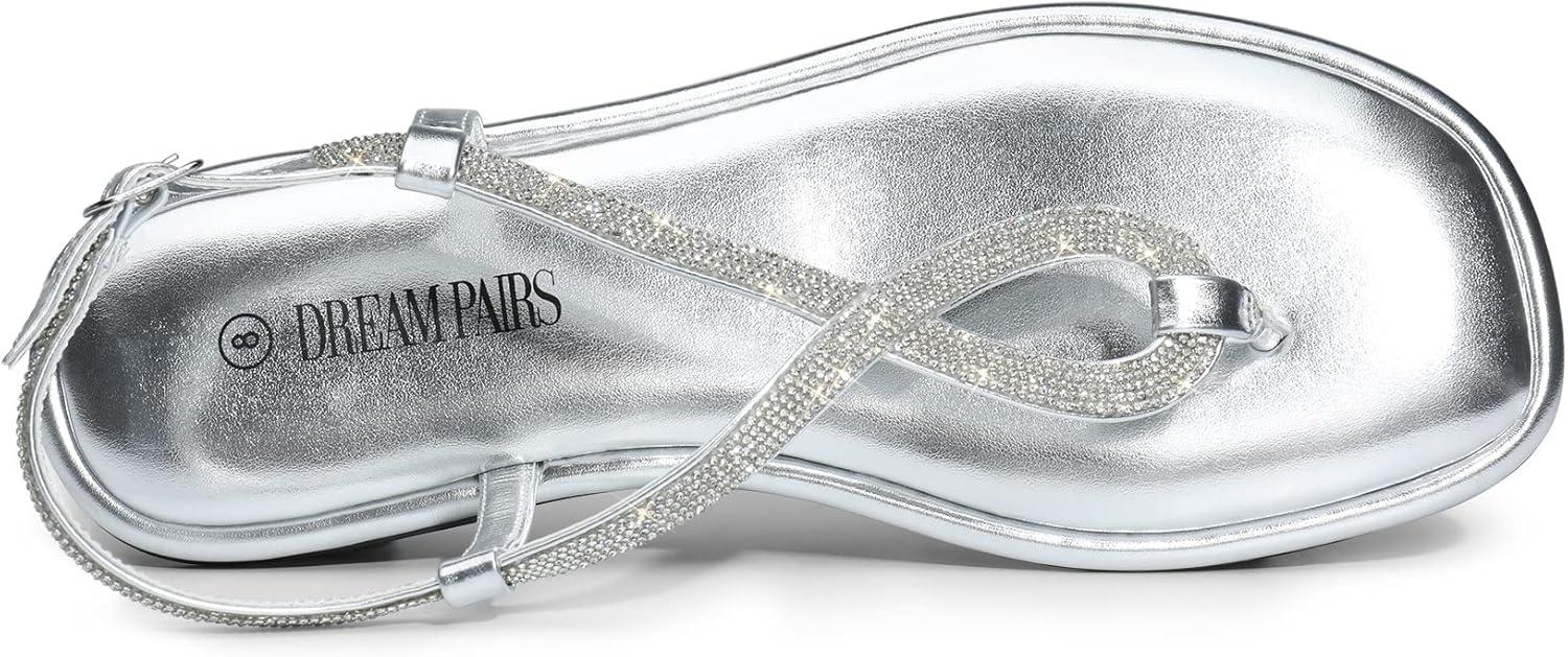 imageDREAM PAIRS Womens Flat Sandals Dressy Rhinestone Thong Ankle Strap Summer Gladiator SandalsSilver