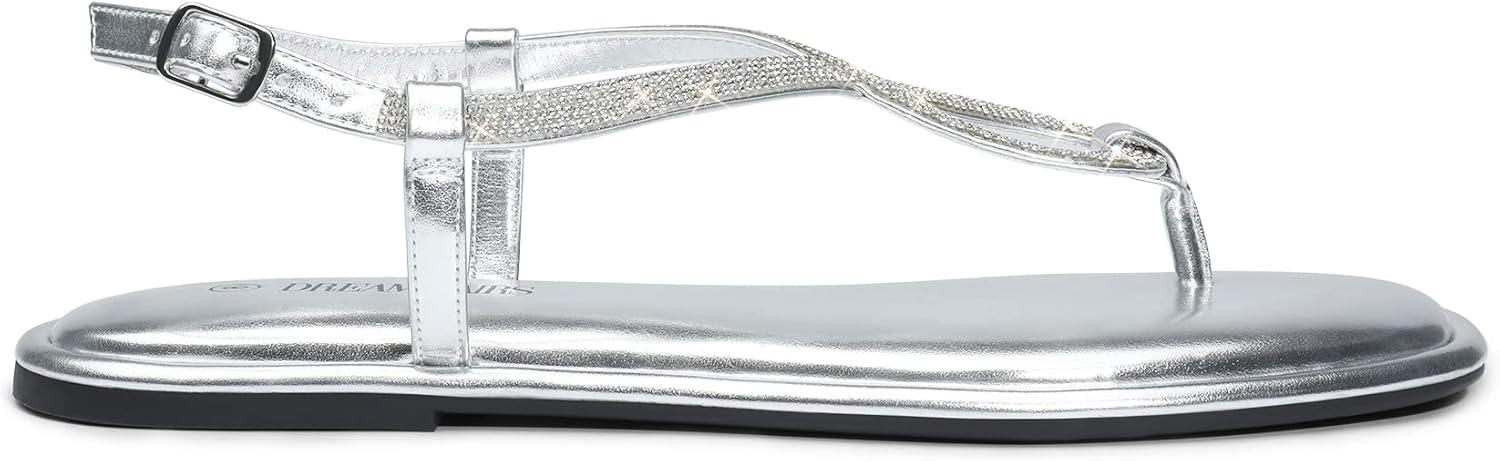 imageDREAM PAIRS Womens Flat Sandals Dressy Rhinestone Thong Ankle Strap Summer Gladiator SandalsSilver