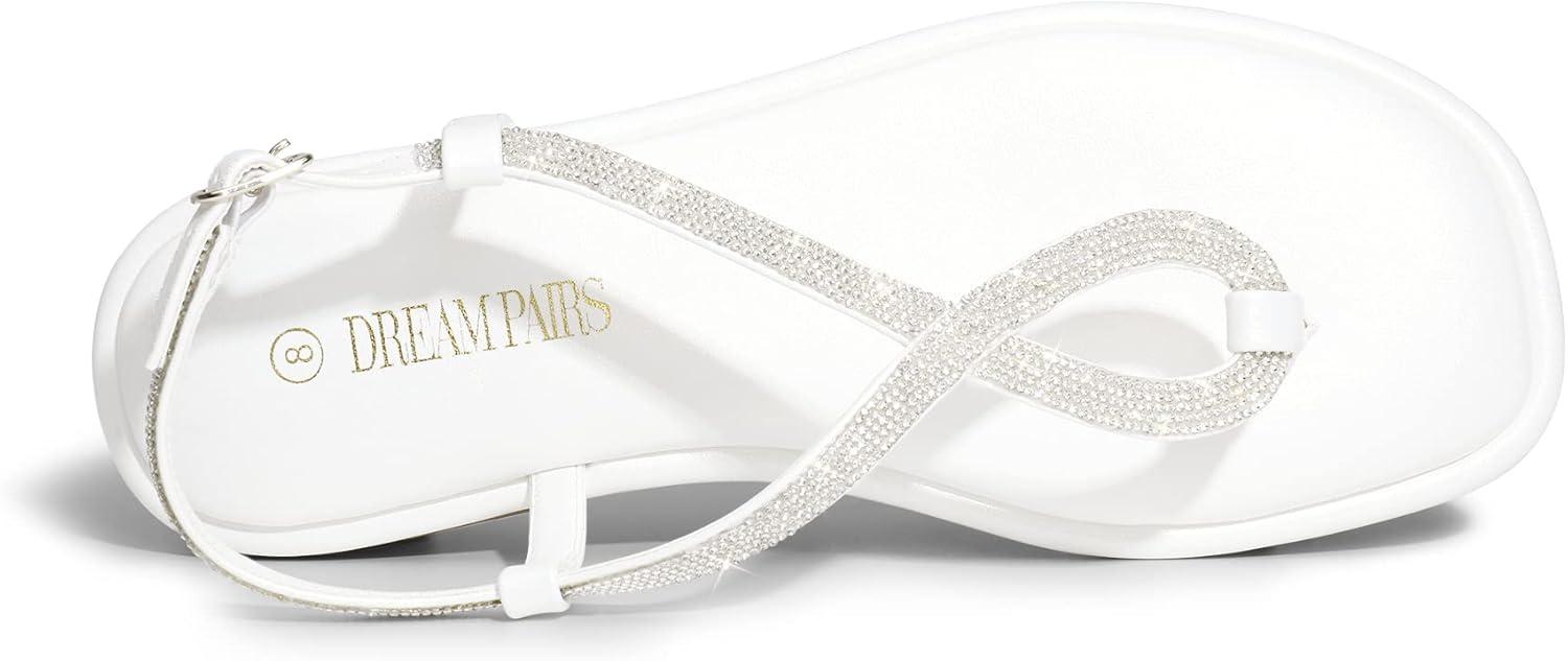 imageDREAM PAIRS Womens Flat Sandals Dressy Rhinestone Thong Ankle Strap Summer Gladiator SandalsWhite