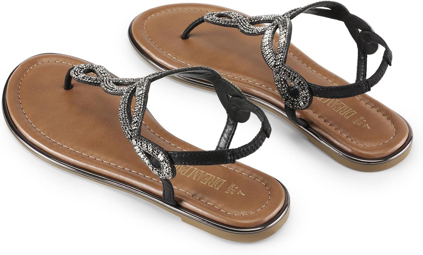 imageDREAM PAIRS Womens Flat Sandals Dressy Summer Stappy Comfortable Ankle Elastic TStrap Beach Thong SandalsBlackrhinestone