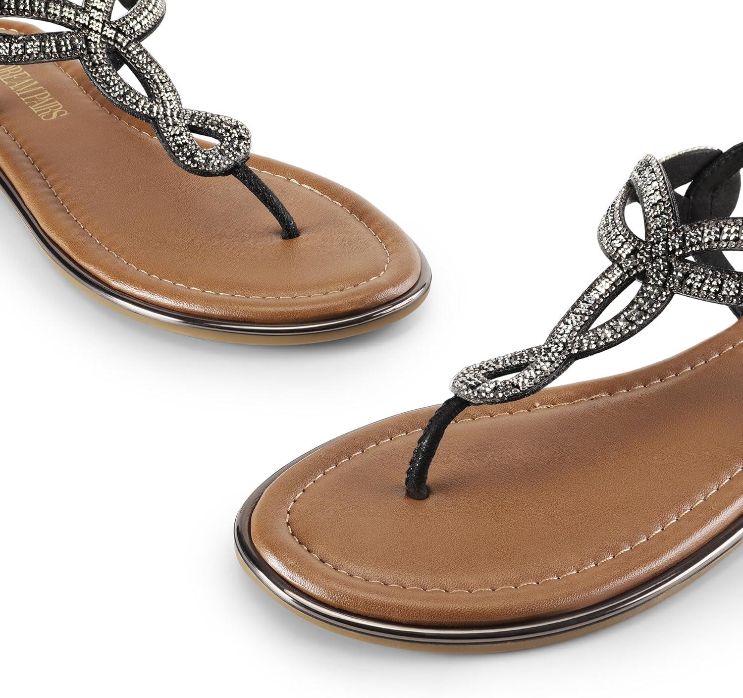 imageDREAM PAIRS Womens Flat Sandals Dressy Summer Stappy Comfortable Ankle Elastic TStrap Beach Thong SandalsBlackrhinestone