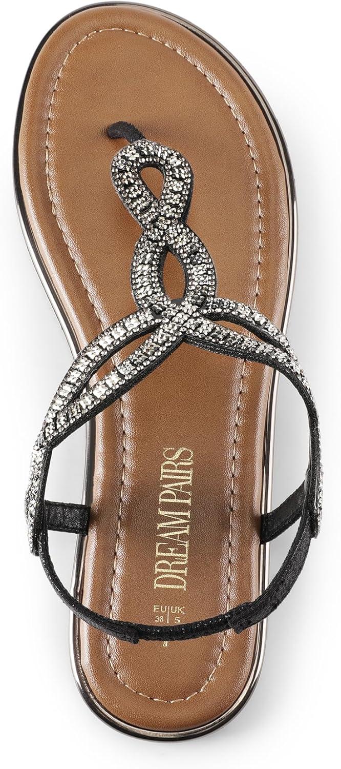 imageDREAM PAIRS Womens Flat Sandals Dressy Summer Stappy Comfortable Ankle Elastic TStrap Beach Thong SandalsBlackrhinestone