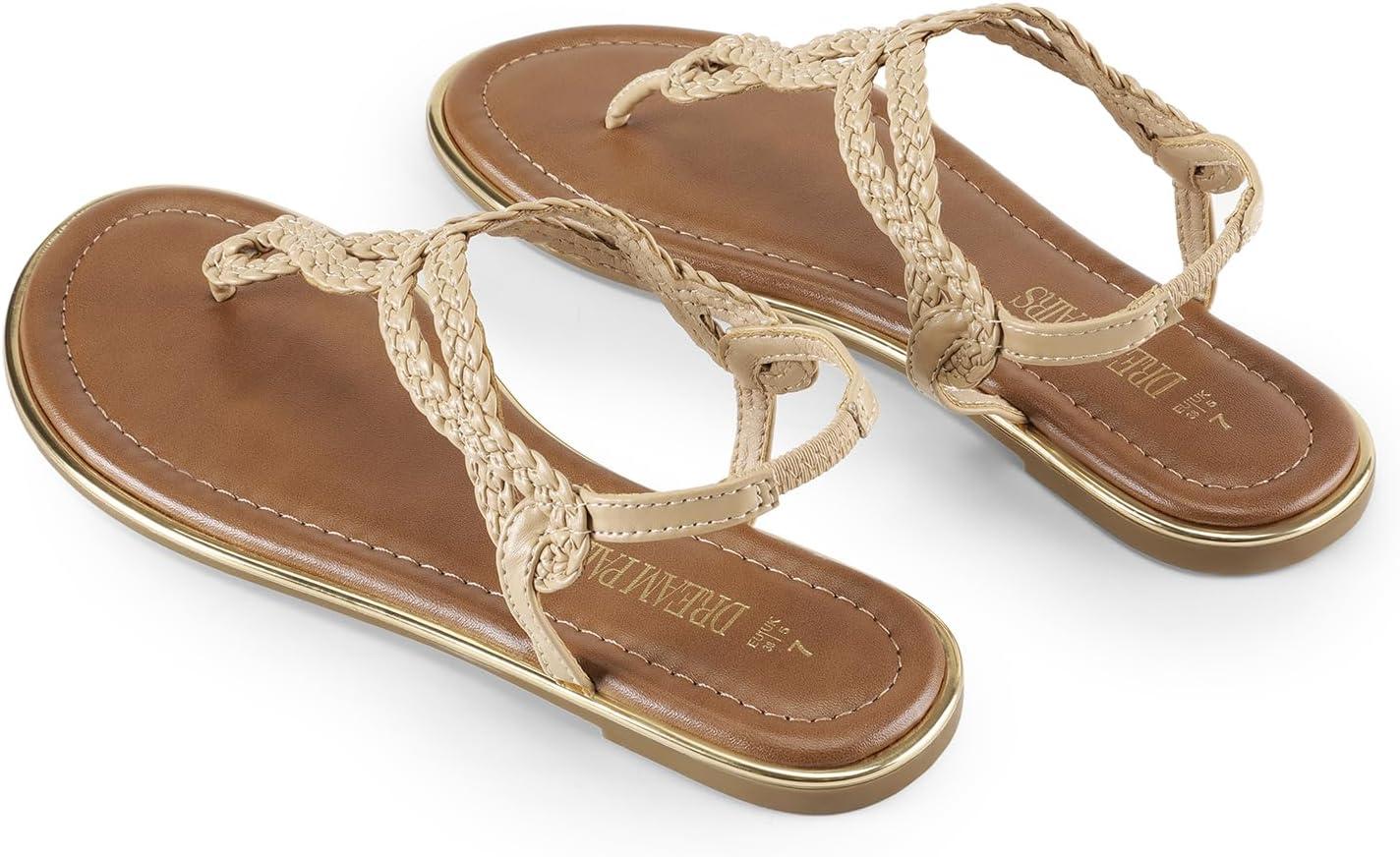 imageDREAM PAIRS Womens Flat Sandals Dressy Summer Stappy Comfortable Ankle Elastic TStrap Beach Thong SandalsNude