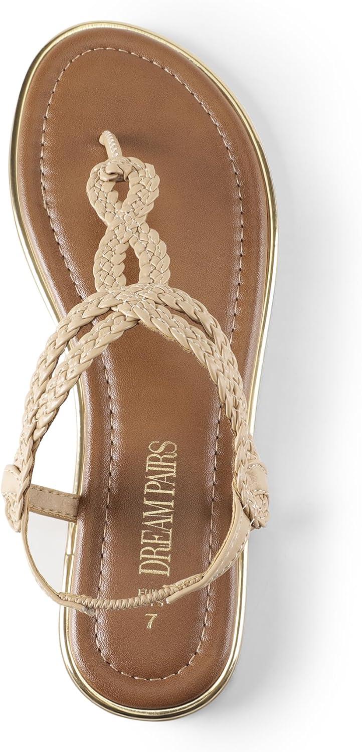 imageDREAM PAIRS Womens Flat Sandals Dressy Summer Stappy Comfortable Ankle Elastic TStrap Beach Thong SandalsNude