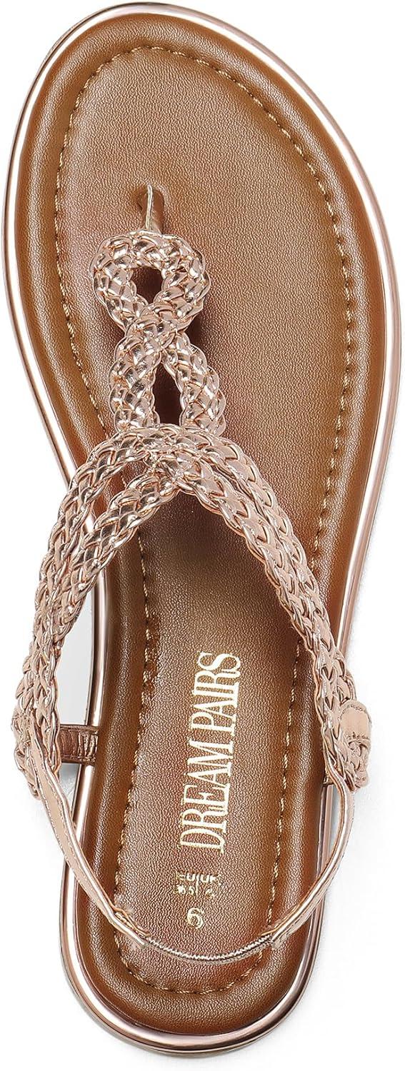 imageDREAM PAIRS Womens Flat Sandals Dressy Summer Stappy Comfortable Ankle Elastic TStrap Beach Thong SandalsRose Goldmetallic