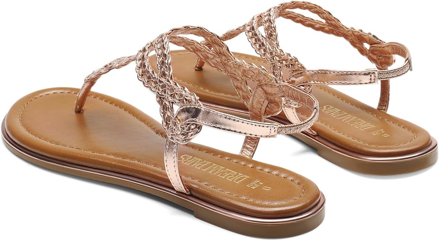 imageDREAM PAIRS Womens Flat Sandals Dressy Summer Stappy Comfortable Ankle Elastic TStrap Beach Thong SandalsRose Goldmetallic