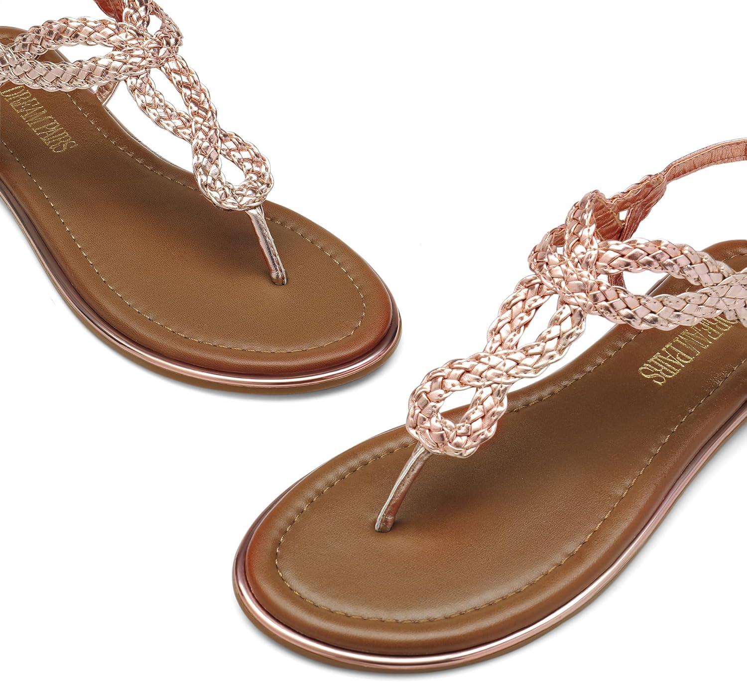 imageDREAM PAIRS Womens Flat Sandals Dressy Summer Stappy Comfortable Ankle Elastic TStrap Beach Thong SandalsRose Goldmetallic
