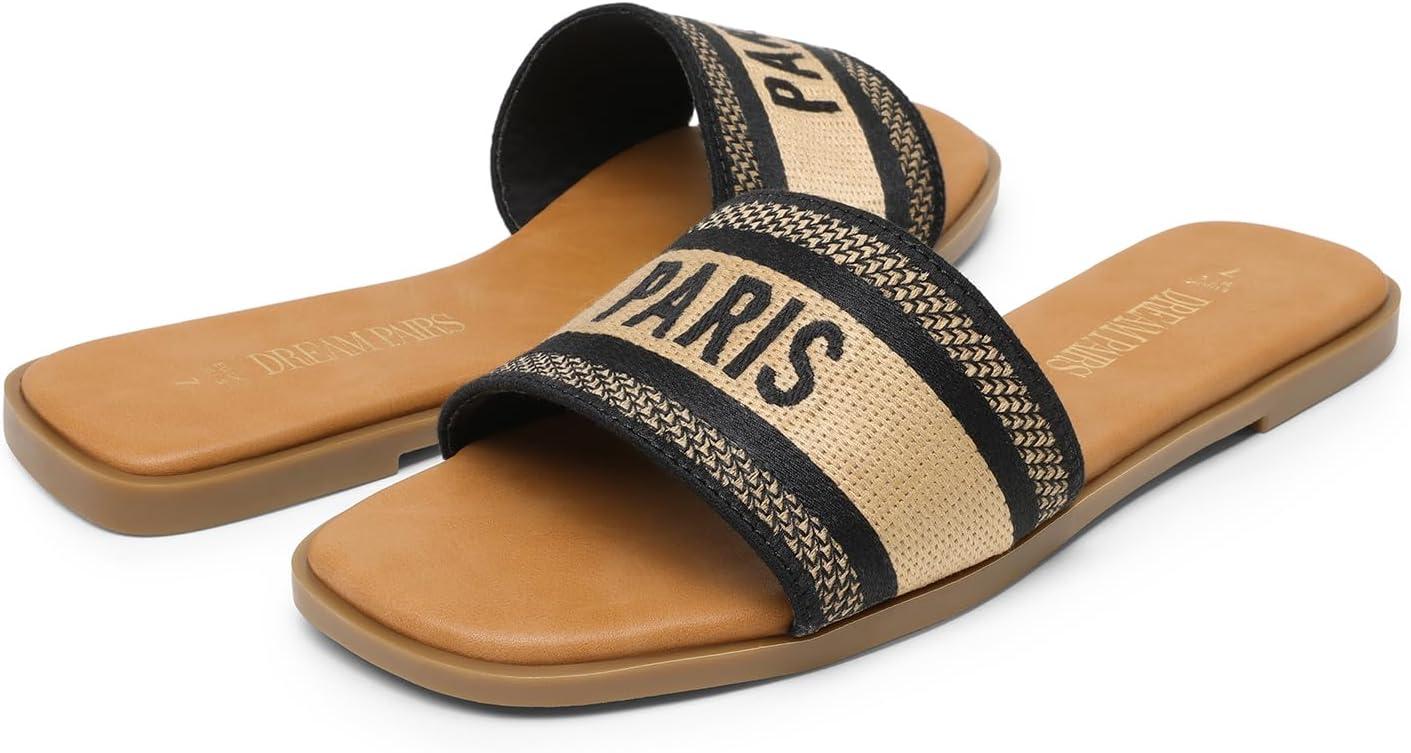 imageDREAM PAIRS Womens Flat Sandals Slip On Slides Sandals Square Open Toe Jacquard Braided Fashion Slides Casual Beach Slippers for SummerBlack