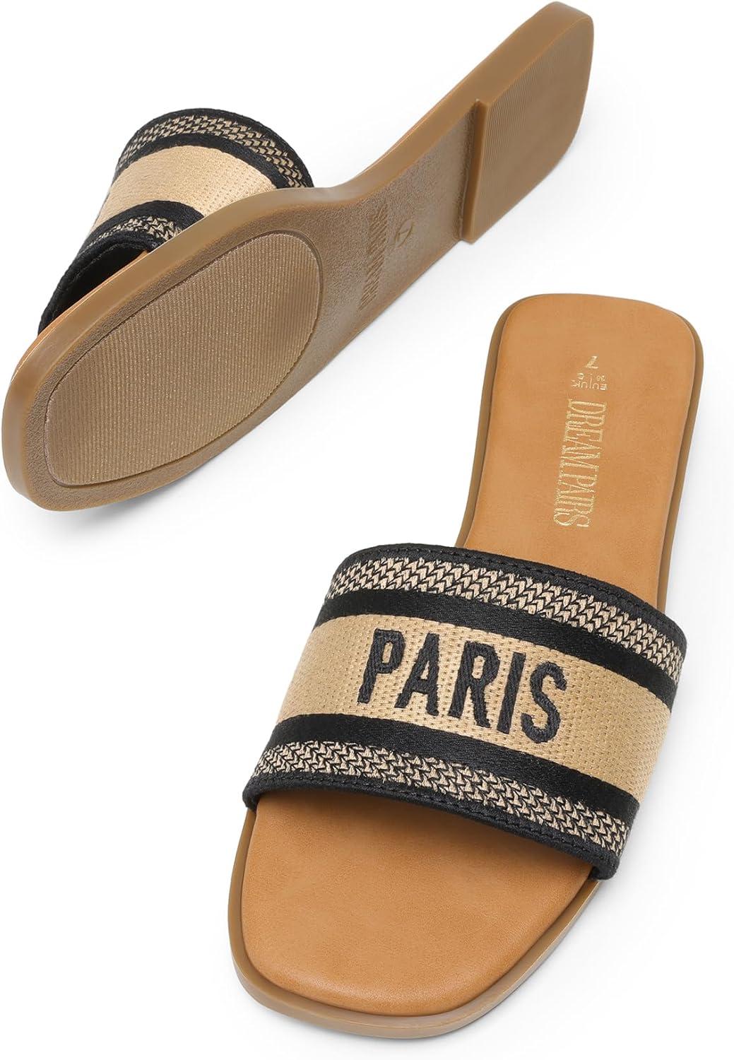 imageDREAM PAIRS Womens Flat Sandals Slip On Slides Sandals Square Open Toe Jacquard Braided Fashion Slides Casual Beach Slippers for SummerBlack