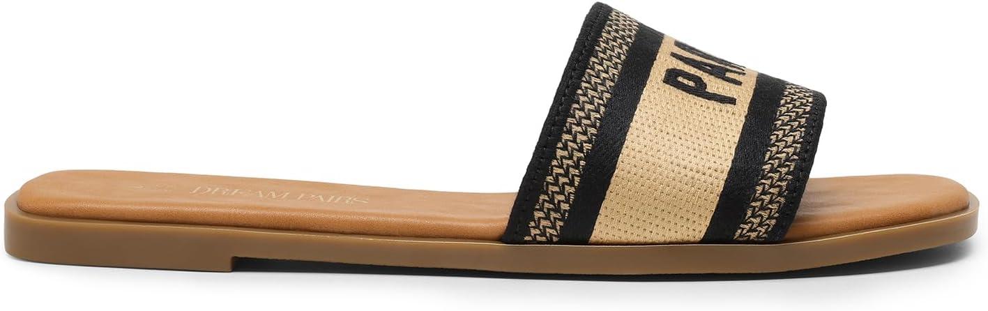 imageDREAM PAIRS Womens Flat Sandals Slip On Slides Sandals Square Open Toe Jacquard Braided Fashion Slides Casual Beach Slippers for SummerBlack