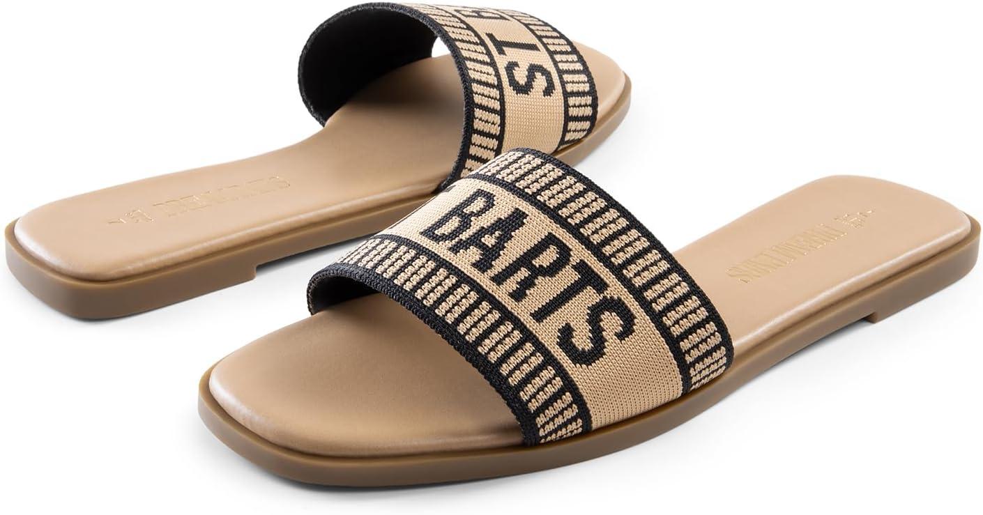 imageDREAM PAIRS Womens Flat Sandals Slip On Slides Sandals Square Open Toe Jacquard Braided Fashion Slides Casual Beach Slippers for SummerBlackBrownknit