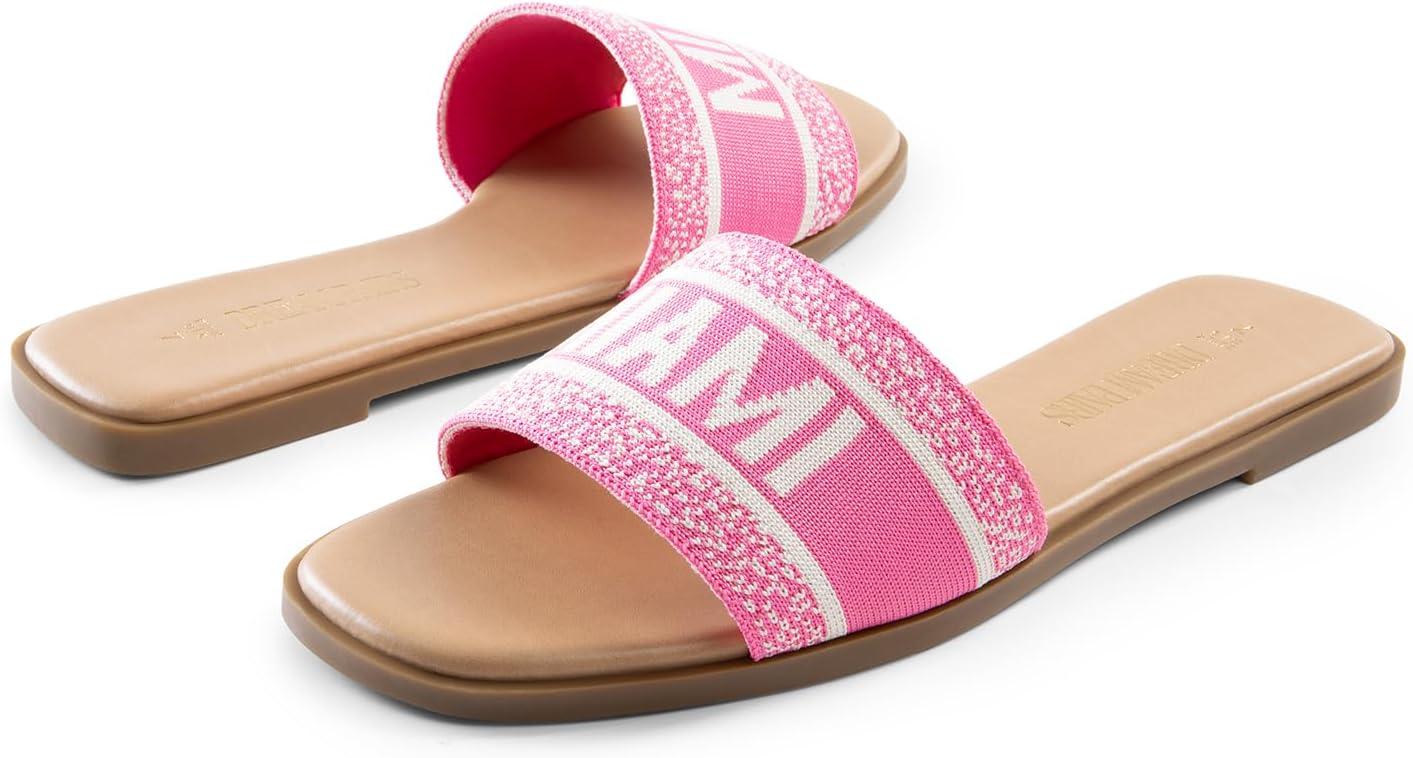 imageDREAM PAIRS Womens Flat Sandals Slip On Slides Sandals Square Open Toe Jacquard Braided Fashion Slides Casual Beach Slippers for SummerHot Pinkknit