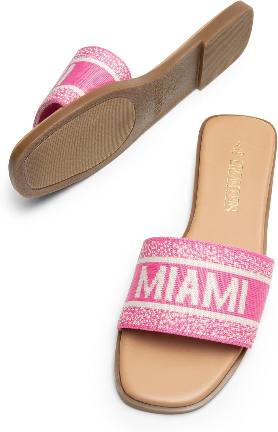 imageDREAM PAIRS Womens Flat Sandals Slip On Slides Sandals Square Open Toe Jacquard Braided Fashion Slides Casual Beach Slippers for SummerHot Pinkknit