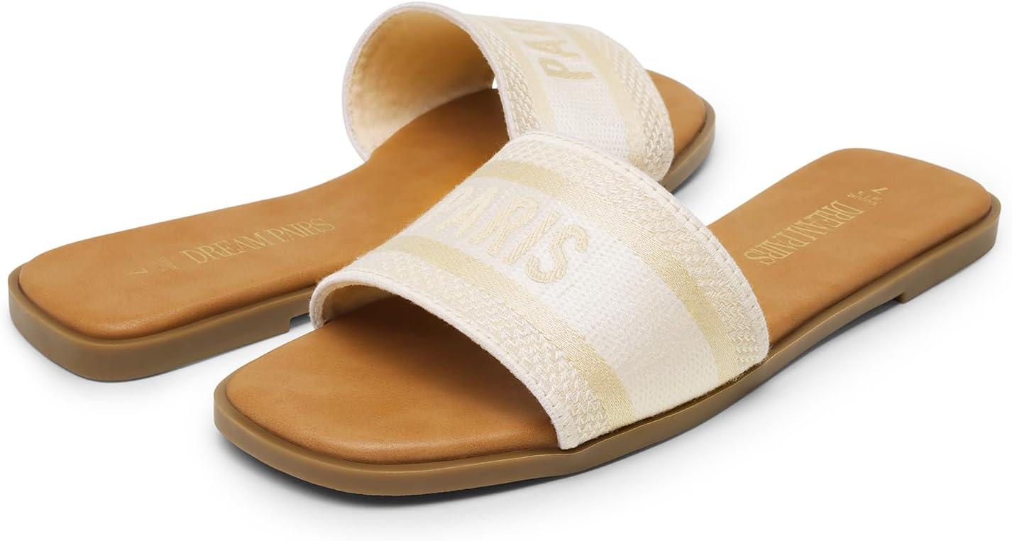 imageDREAM PAIRS Womens Flat Sandals Slip On Slides Sandals Square Open Toe Jacquard Braided Fashion Slides Casual Beach Slippers for SummerNude