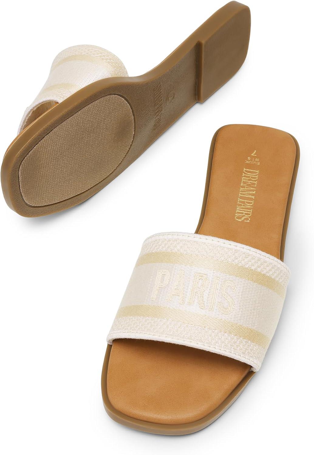 imageDREAM PAIRS Womens Flat Sandals Slip On Slides Sandals Square Open Toe Jacquard Braided Fashion Slides Casual Beach Slippers for SummerNude