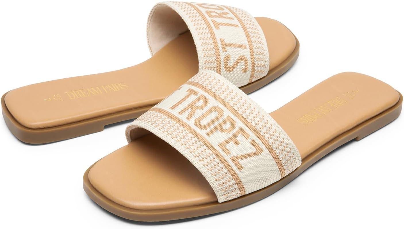 imageDREAM PAIRS Womens Flat Sandals Slip On Slides Sandals Square Open Toe Jacquard Braided Fashion Slides Casual Beach Slippers for SummerNudeknit
