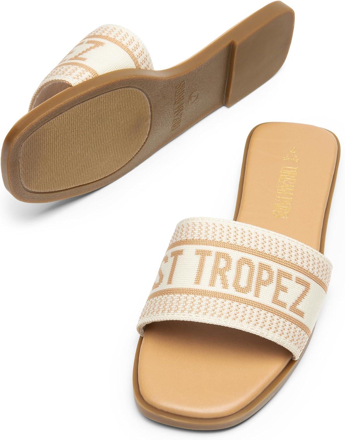 imageDREAM PAIRS Womens Flat Sandals Slip On Slides Sandals Square Open Toe Jacquard Braided Fashion Slides Casual Beach Slippers for SummerNudeknit