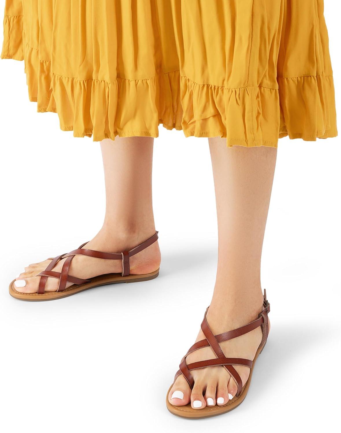 imageDREAM PAIRS Womens Flat Sandals Strappy Dressy Comfortable Ankle Strap Casual Summer Thong Sandals for BeachDark Brownpu