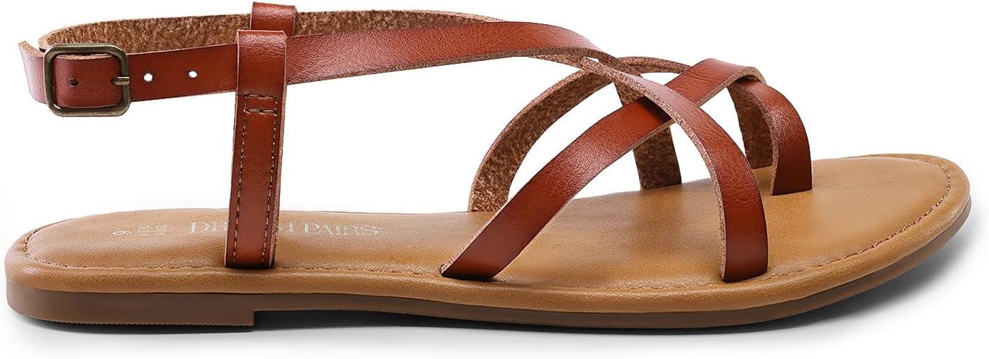 imageDREAM PAIRS Womens Flat Sandals Strappy Dressy Comfortable Ankle Strap Casual Summer Thong Sandals for BeachDark Brownpu