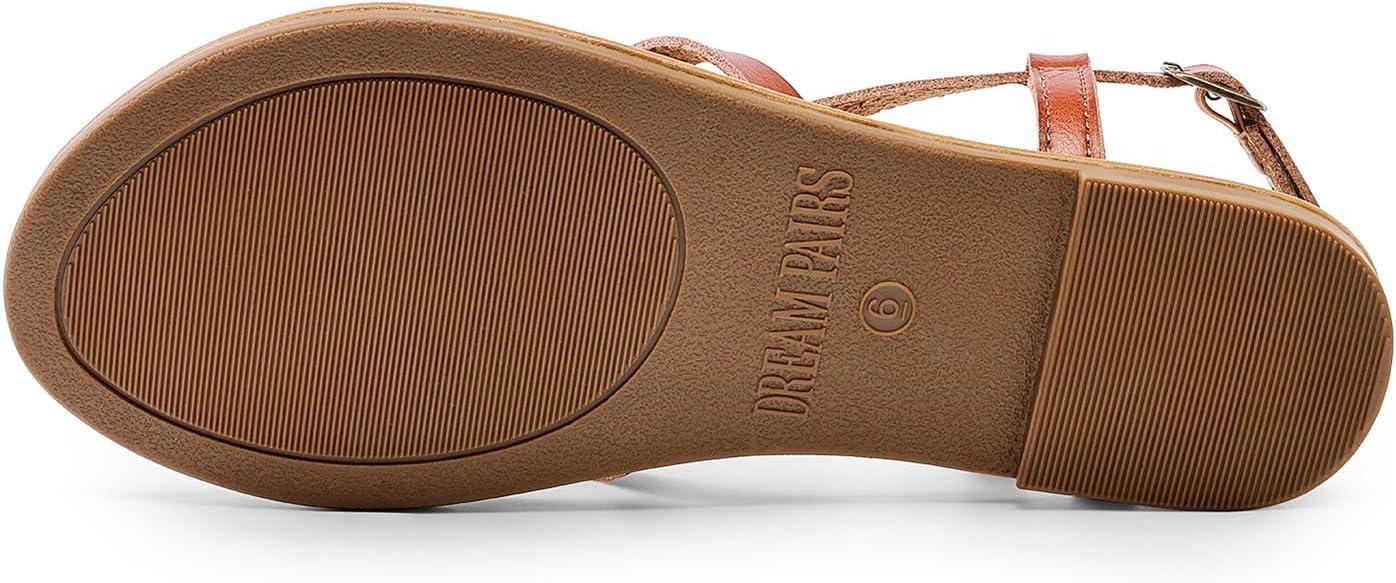 imageDREAM PAIRS Womens Flat Sandals Strappy Dressy Comfortable Ankle Strap Casual Summer Thong Sandals for BeachDark Brownpu