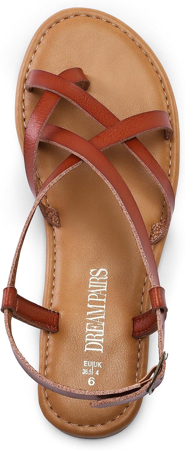 imageDREAM PAIRS Womens Flat Sandals Strappy Dressy Comfortable Ankle Strap Casual Summer Thong Sandals for BeachDark Brownpu