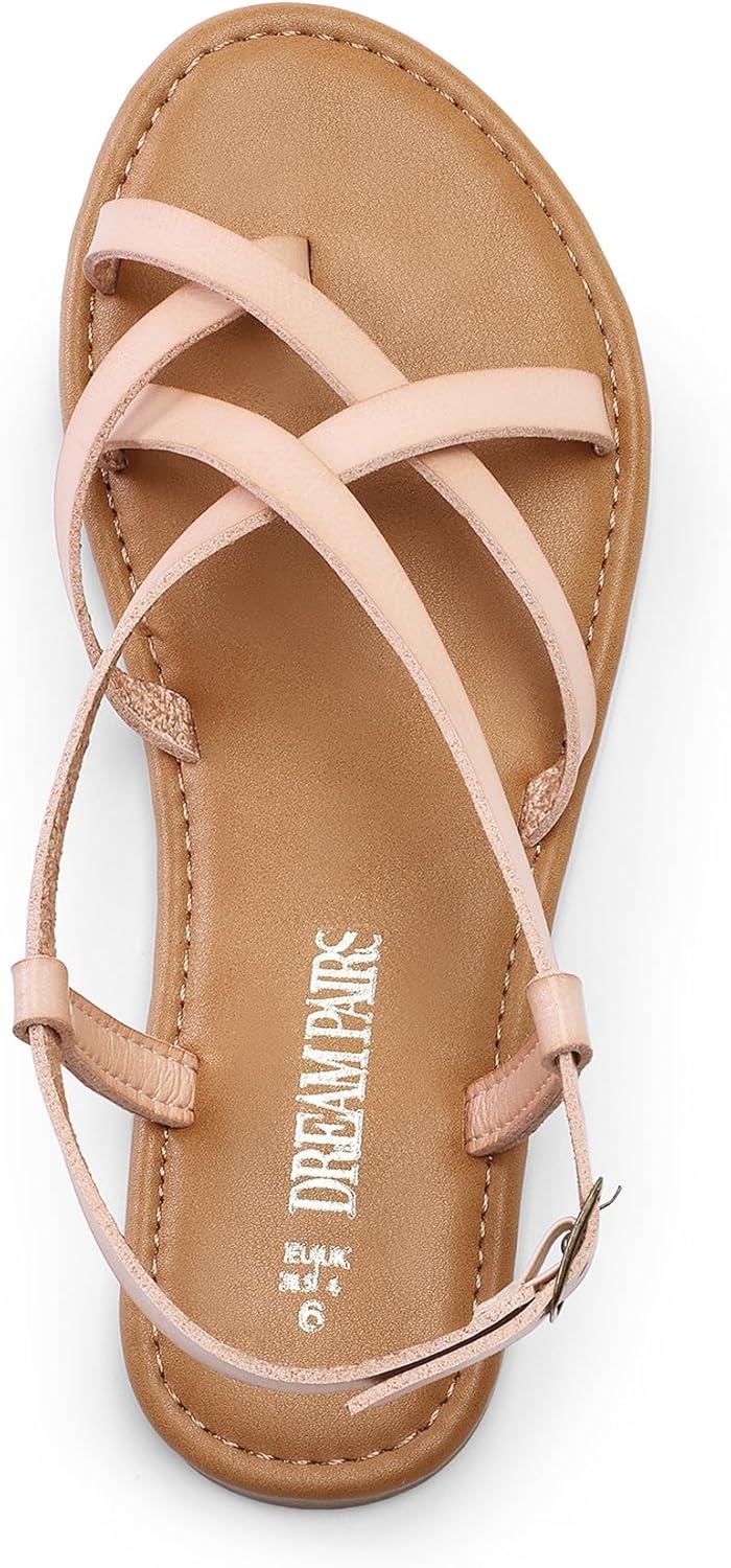 imageDREAM PAIRS Womens Flat Sandals Strappy Dressy Comfortable Ankle Strap Casual Summer Thong Sandals for BeachNaturalpu