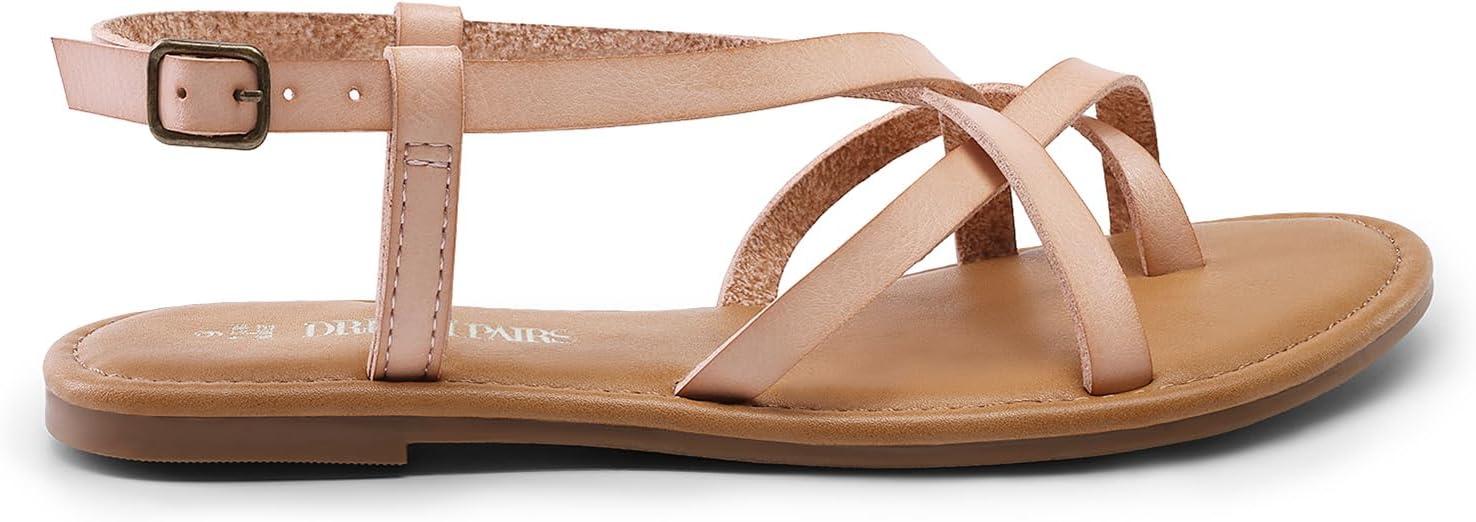 imageDREAM PAIRS Womens Flat Sandals Strappy Dressy Comfortable Ankle Strap Casual Summer Thong Sandals for BeachNaturalpu