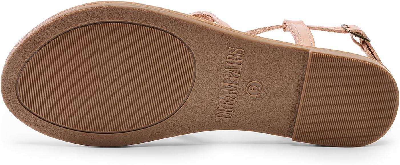 imageDREAM PAIRS Womens Flat Sandals Strappy Dressy Comfortable Ankle Strap Casual Summer Thong Sandals for BeachNaturalpu