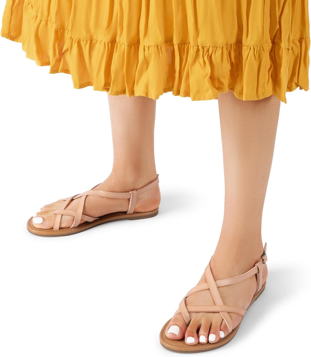 imageDREAM PAIRS Womens Flat Sandals Strappy Dressy Comfortable Ankle Strap Casual Summer Thong Sandals for BeachNaturalpu