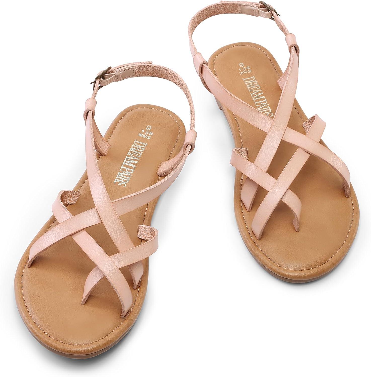 imageDREAM PAIRS Womens Flat Sandals Strappy Dressy Comfortable Ankle Strap Casual Summer Thong Sandals for BeachNaturalpu