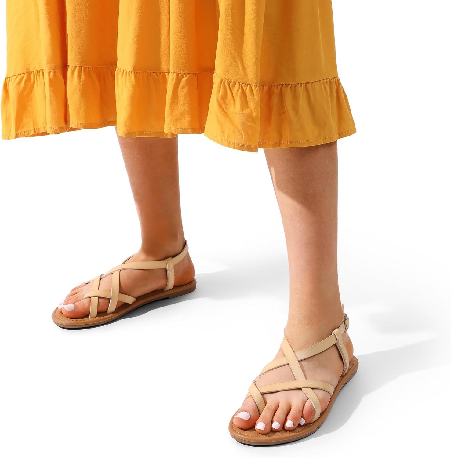 imageDREAM PAIRS Womens Flat Sandals Strappy Dressy Comfortable Ankle Strap Casual Summer Thong Sandals for BeachNude