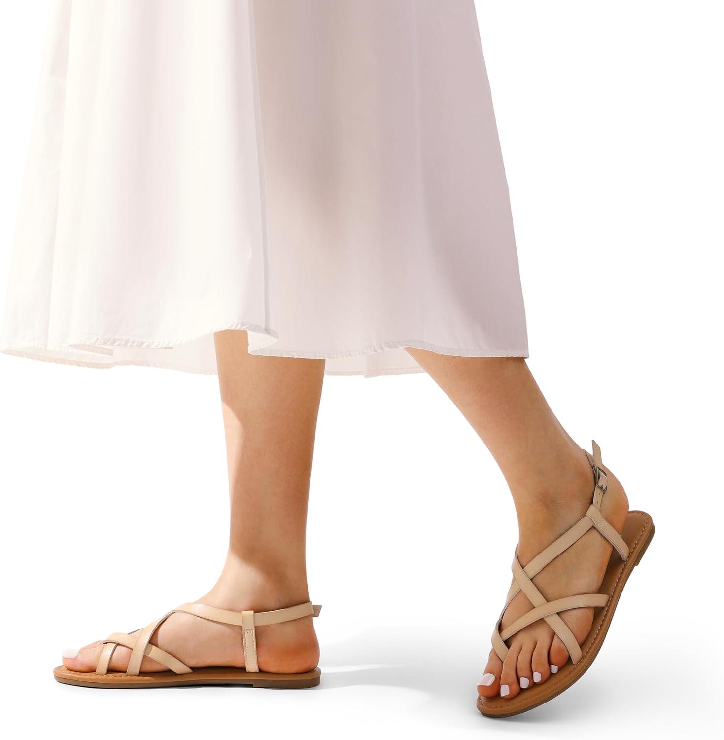 imageDREAM PAIRS Womens Flat Sandals Strappy Dressy Comfortable Ankle Strap Casual Summer Thong Sandals for BeachNude