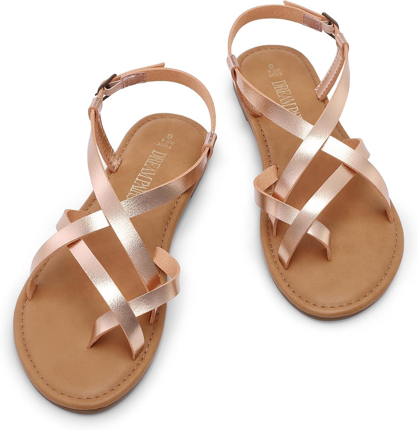 imageDREAM PAIRS Womens Flat Sandals Strappy Dressy Comfortable Ankle Strap Casual Summer Thong Sandals for BeachRose Gold