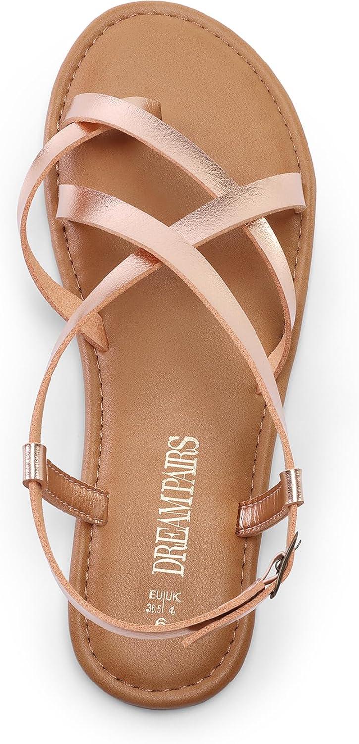 imageDREAM PAIRS Womens Flat Sandals Strappy Dressy Comfortable Ankle Strap Casual Summer Thong Sandals for BeachRose Gold