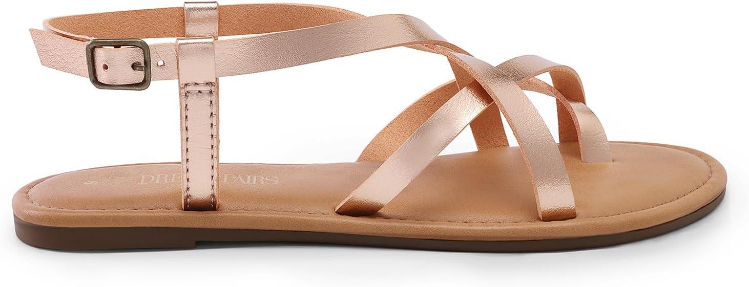 imageDREAM PAIRS Womens Flat Sandals Strappy Dressy Comfortable Ankle Strap Casual Summer Thong Sandals for BeachRose Gold