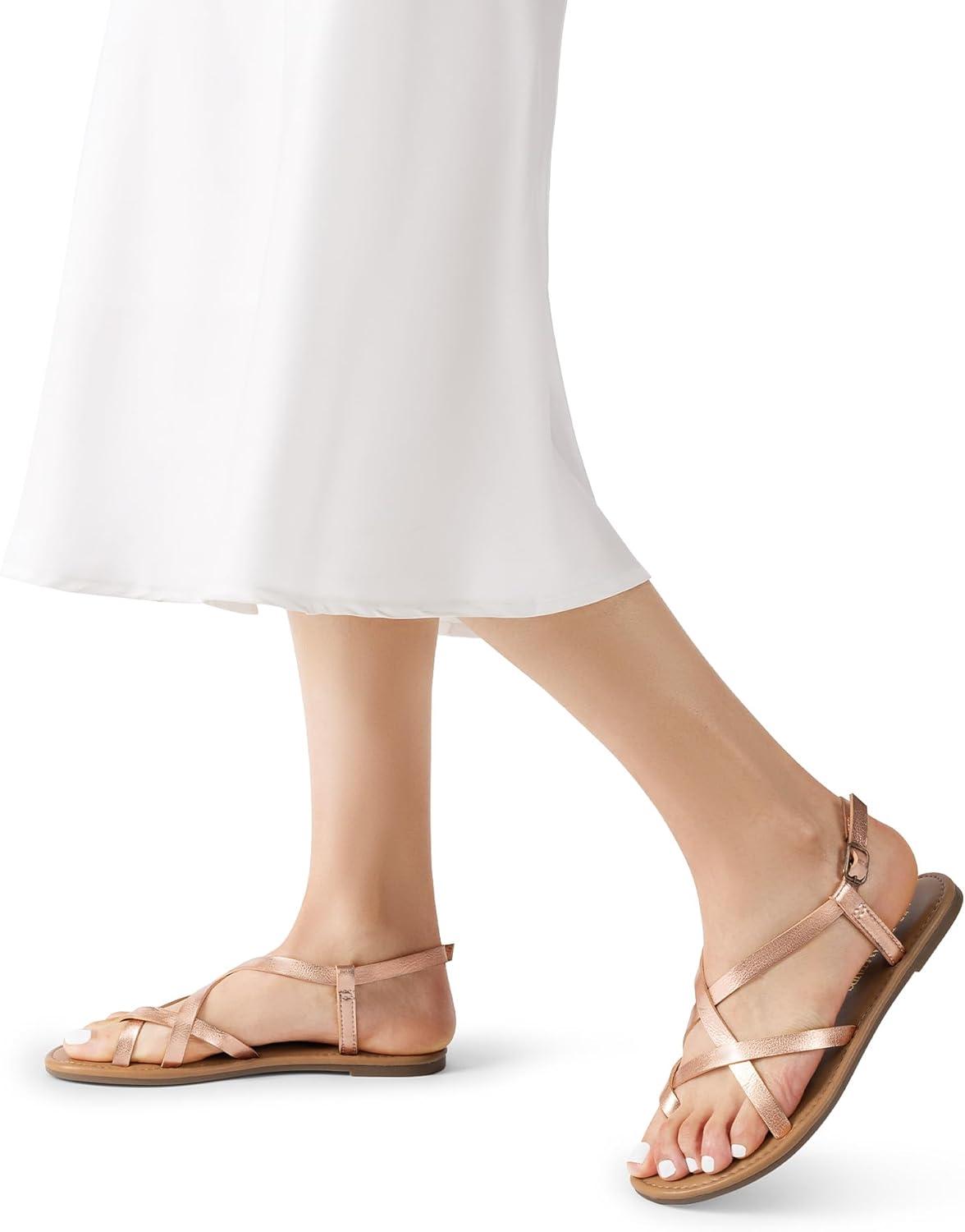 imageDREAM PAIRS Womens Flat Sandals Strappy Dressy Comfortable Ankle Strap Casual Summer Thong Sandals for BeachRose Gold