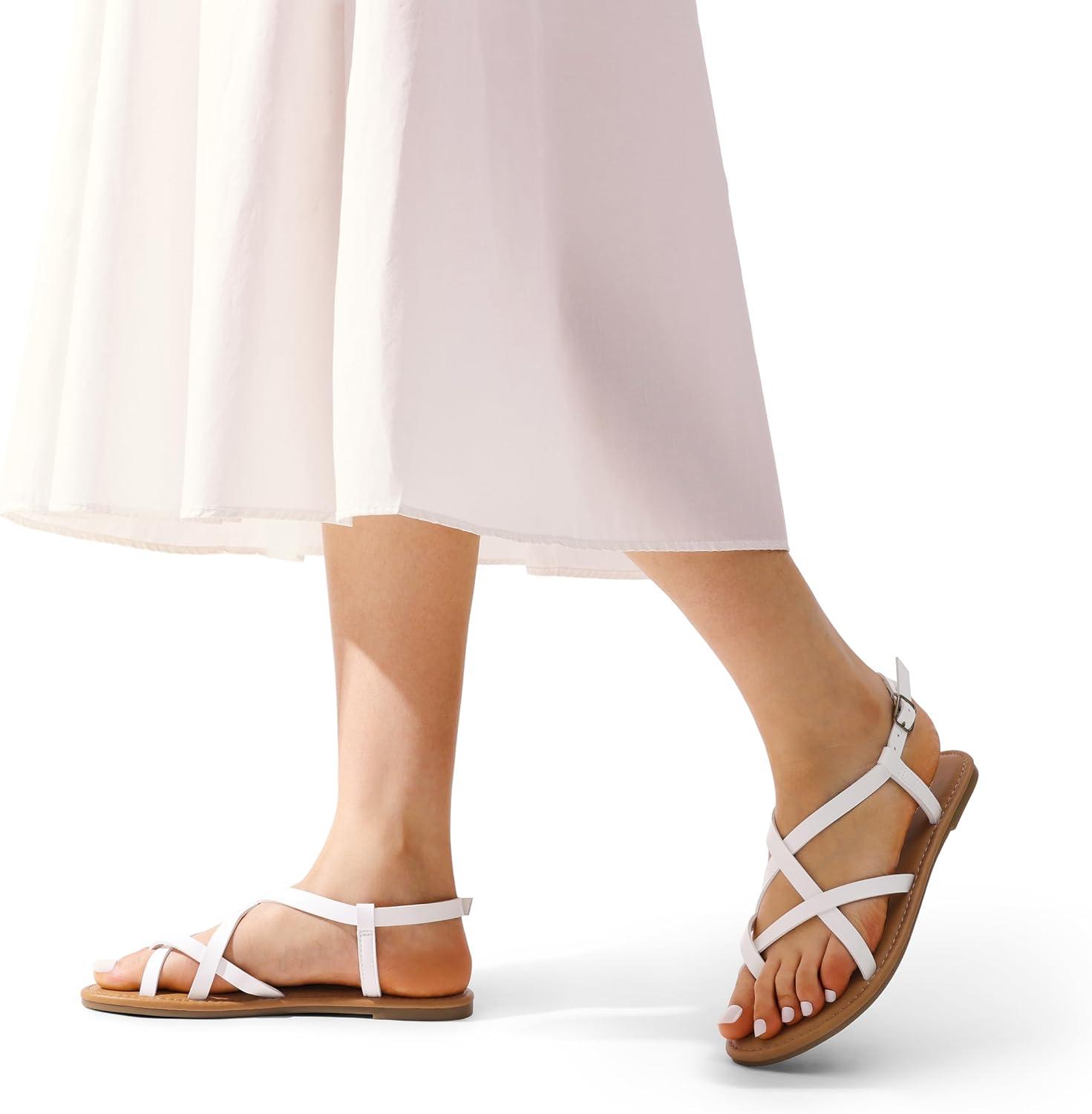 imageDREAM PAIRS Womens Flat Sandals Strappy Dressy Comfortable Ankle Strap Casual Summer Thong Sandals for BeachWhite