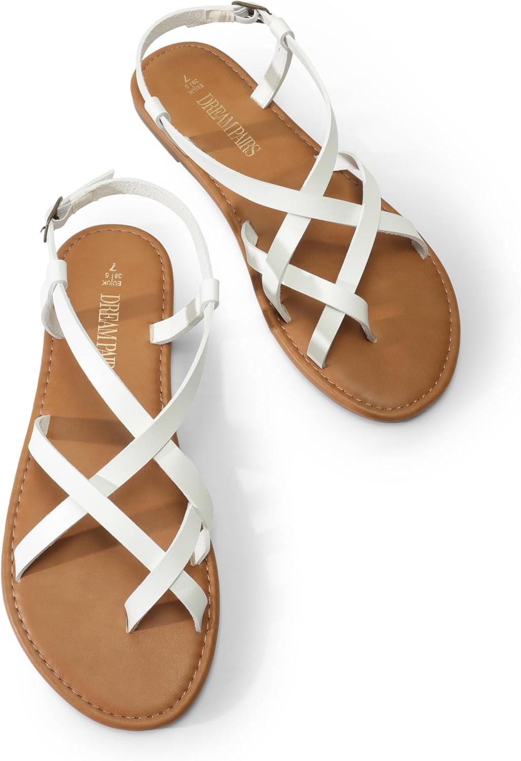 imageDREAM PAIRS Womens Flat Sandals Strappy Dressy Comfortable Ankle Strap Casual Summer Thong Sandals for BeachWhite