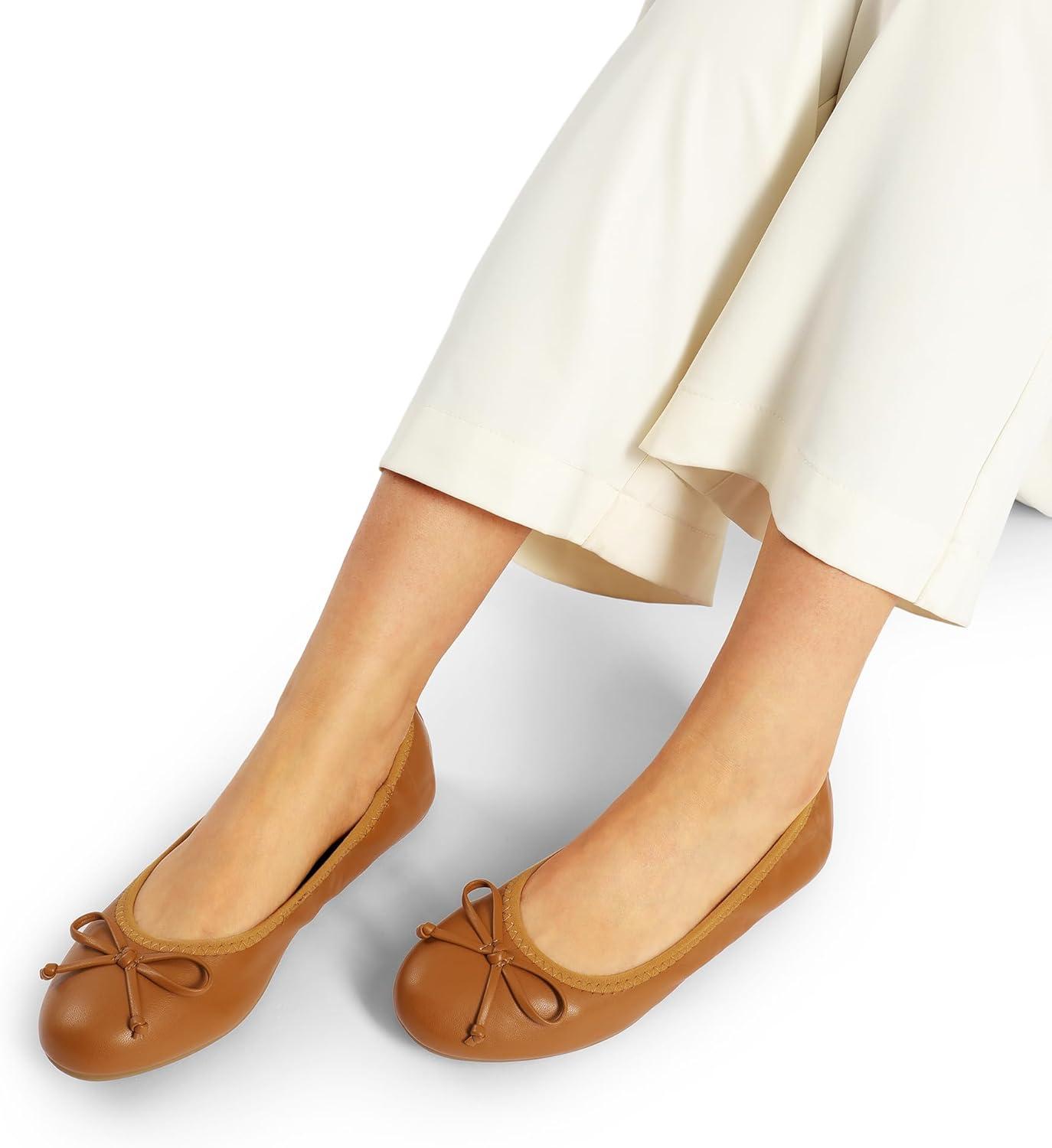 imageDREAM PAIRS Womens Flats Foldable Ballet Flats for Women Bowknot Round Toe Comfort Light Weight SlipOn Dress ShoesBrown
