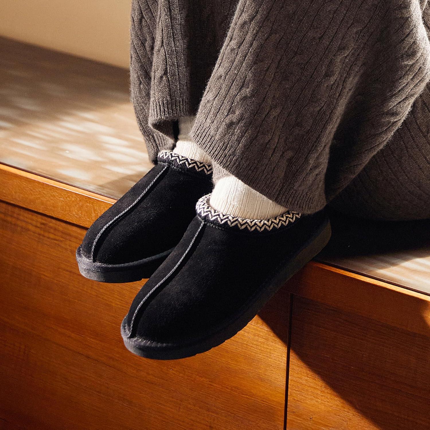 imageDREAM PAIRS Womens Fuzzy Cozy Slippers Genuine Suede Indoor Outdoor Fluffy Home Comfy Winter Slip On Cute Warm Memory Foam Furry Shoes FuzzyEasyBlack